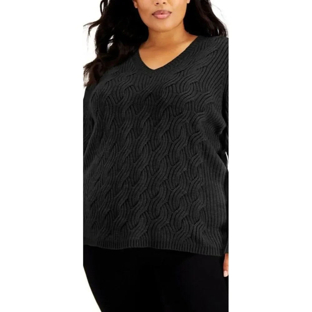 Calvin Klein Cable Knit Sweater Women's 2X‎ Black Plus Size V-Neck Soft NEW